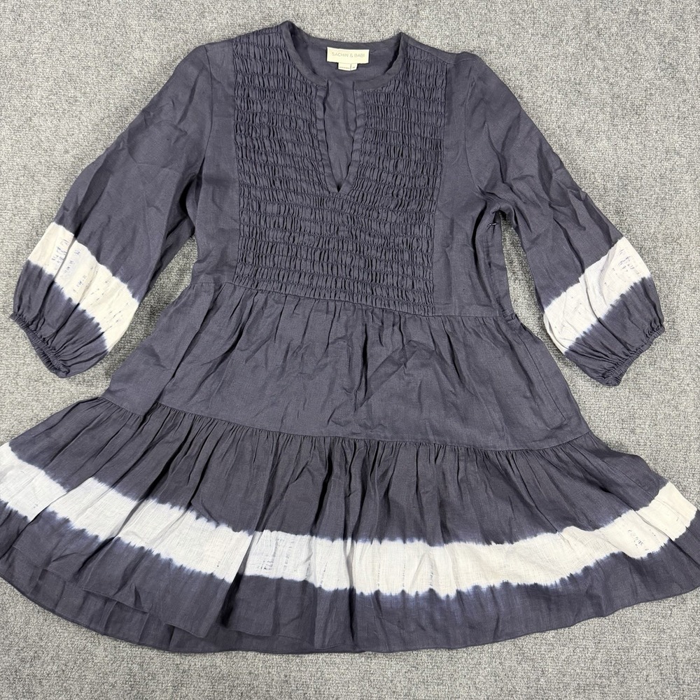 Sachin & Babi Linen Dress Medium Navy White Ruched V‎ Neck